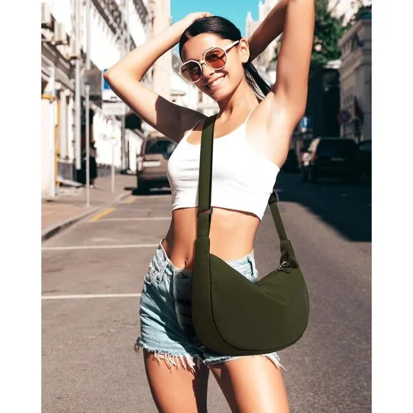 Women Olive Green Imported Polyester Crossbody Lightweight Crescent Sling Bag - Picture 3 of 6